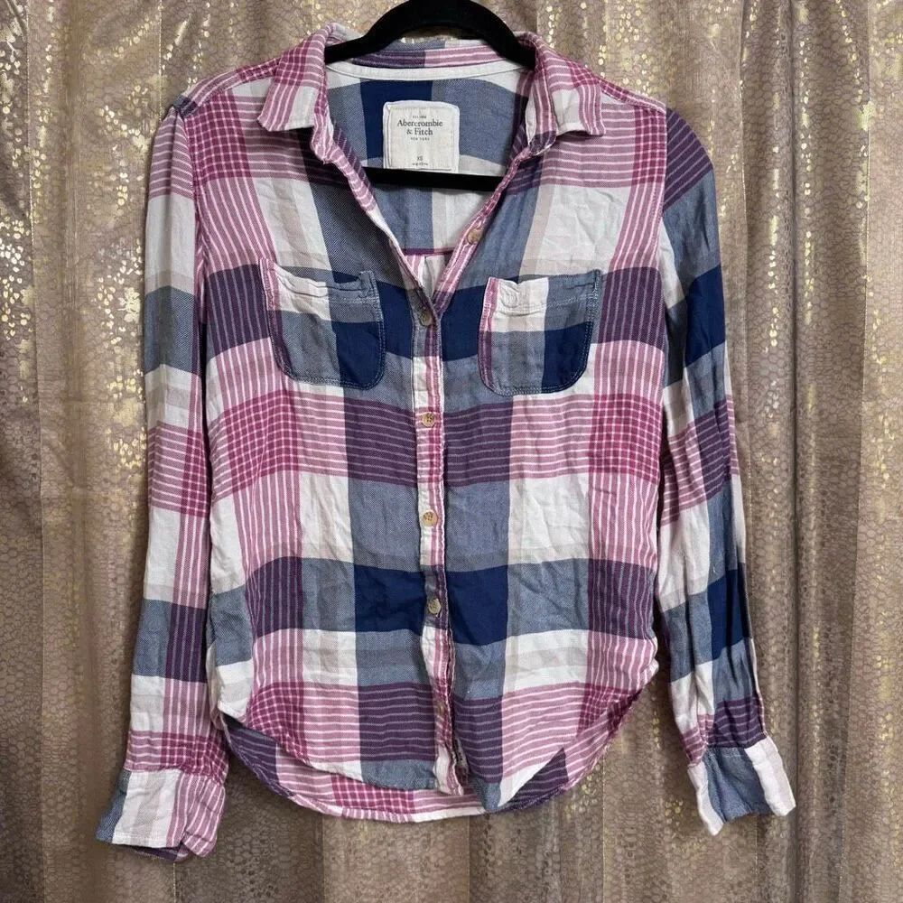 Abercrombie & Fitch 2013 Pink Blue Button Up Plaid Flannel Shirt XS